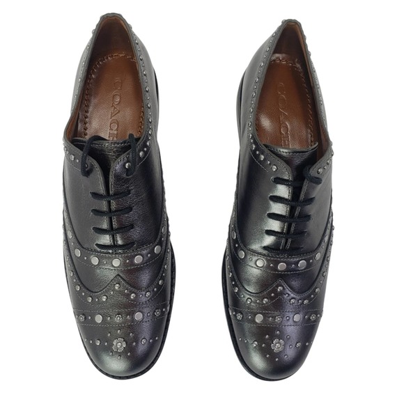 MSRP $250, New Coach Tegan Gunmetal Leather Studded Oxford Wingtip Shoes, Size 7 - Picture 6 of 8